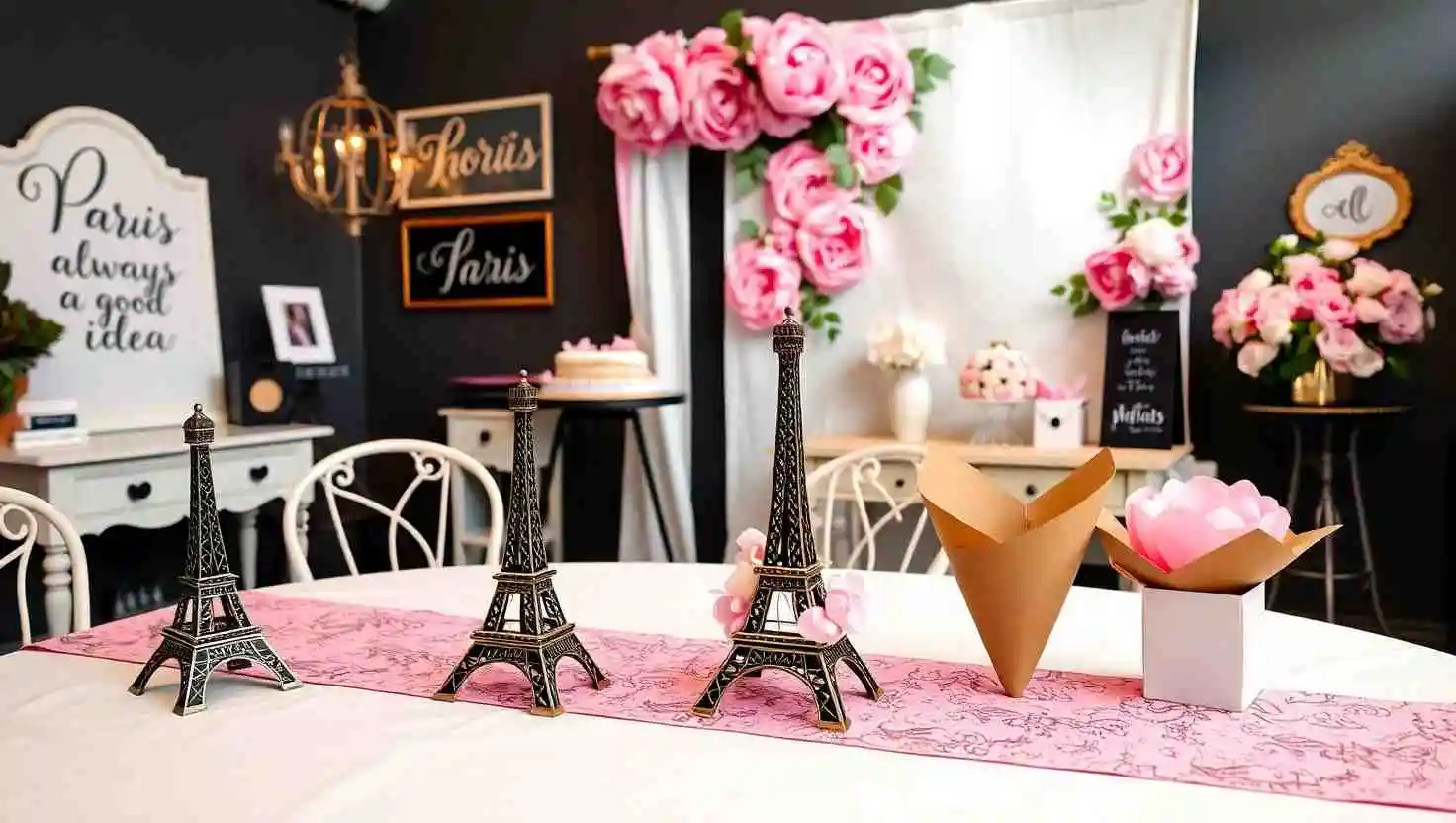 Paris-themed party decorations showcasing miniature Eiffel Tower centerpieces, pink floral arrangements, and a pink map table runner on a white table, with a backdrop of framed Paris-inspired quotes and large pink roses.