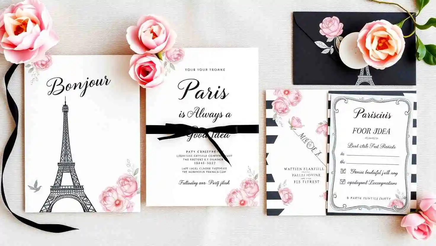 Elegant Paris-themed party invitations featuring Eiffel Tower illustrations, floral designs, and text such as "Bonjour" and "Paris is Always a Good Idea," adorned with pink roses and a black ribbon accent.