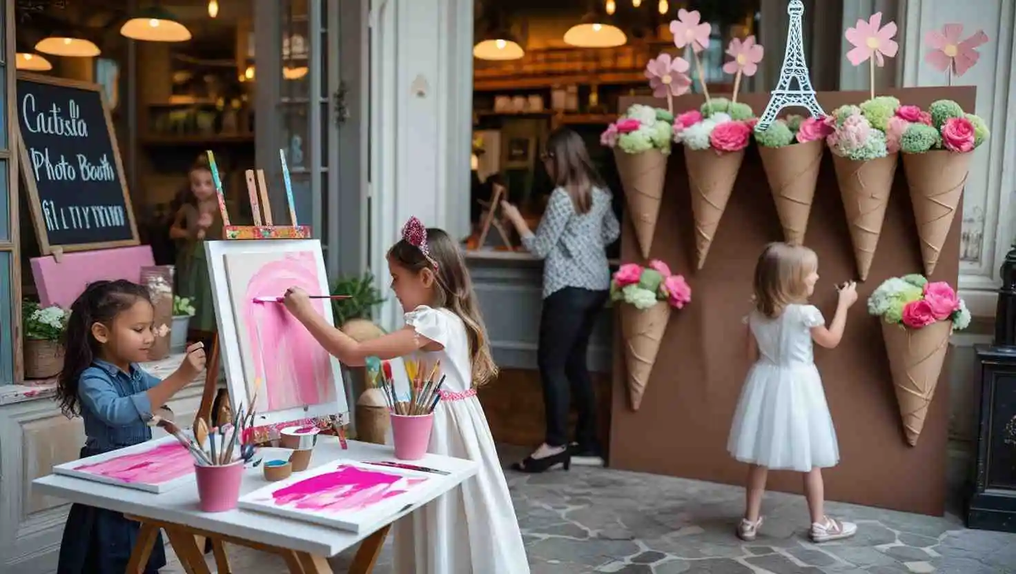 Children engaging in activities at a Paris-themed party, painting on easels with pink tones and enjoying a floral ice cream cone backdrop decorated with flowers and a miniature Eiffel Tower cutout. A chalkboard sign reading "Artist Photo Booth" is visible in the background.