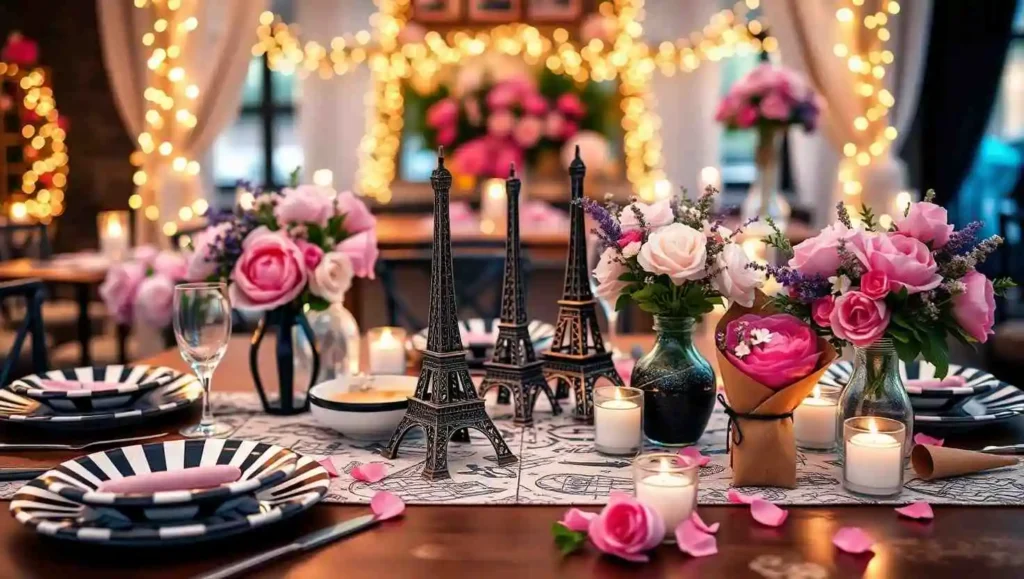 Elegant table setup for a Paris-themed party featuring miniature Eiffel Tower centerpieces, pink and white flower arrangements, striped plates, and glowing candles with string lights in the background.