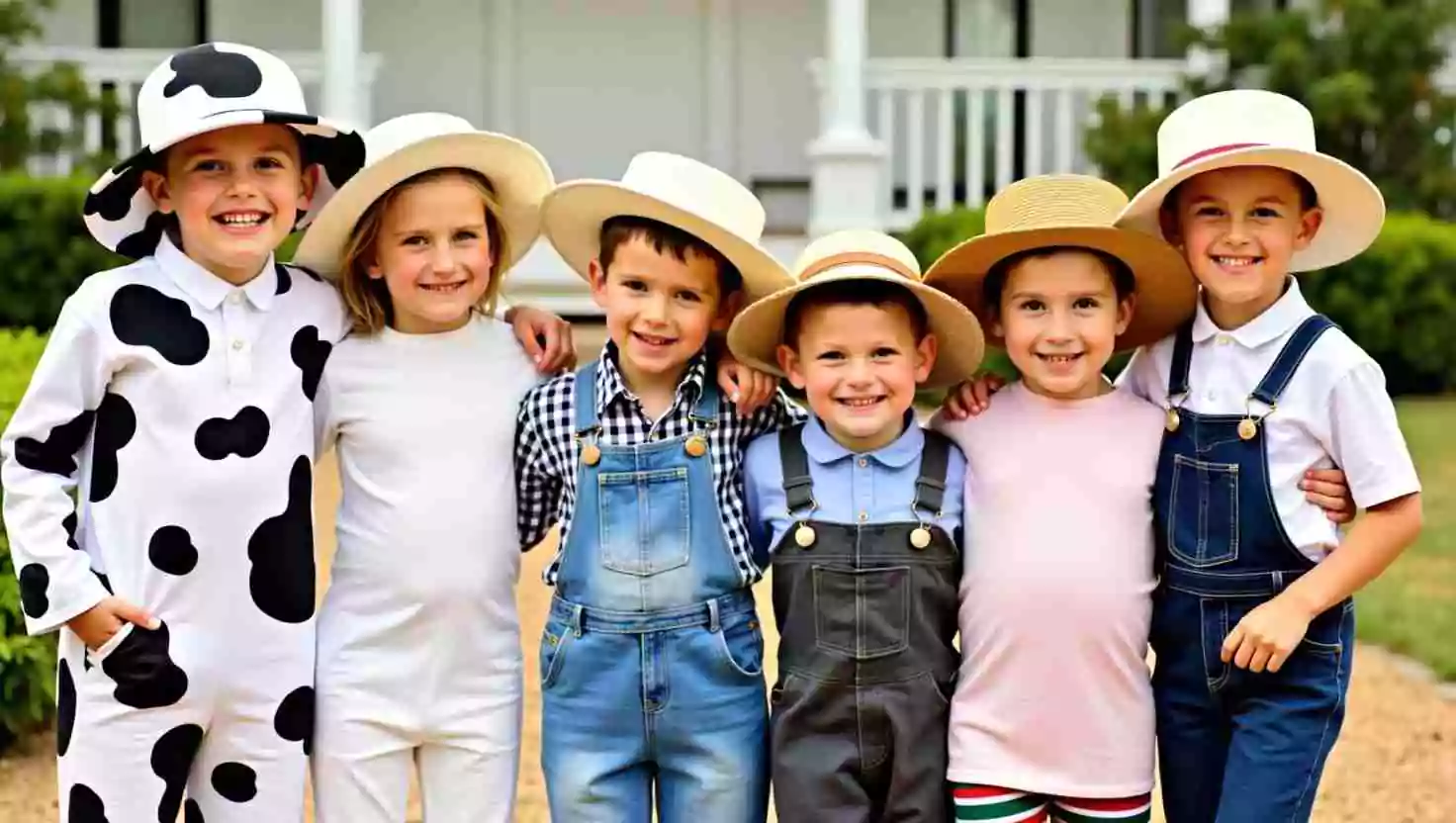 A group of children dressed in farm-themed costumes posing happily for a photo. The kids wear hats, overalls, and cow-print outfits, creating a lively and adorable farm atmosphere.