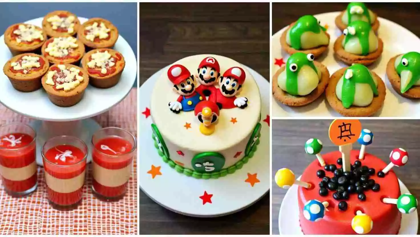 A Mario-themed dessert spread featuring a cake with Mario, Luigi, and Toad figurines, alongside themed cupcakes, cookies, and creative desserts inspired by the Mario franchise. Vibrant colors add fun to the display.