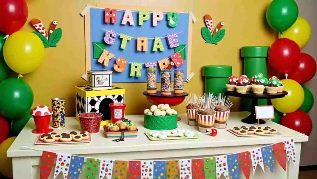 A Mario-themed dessert table with colorful decorations including Mario-inspired cupcakes, cookies, and candies. The backdrop features "Happy Birthday" in bright letters, surrounded by green pipes, balloons, and Super Mario-inspired details.