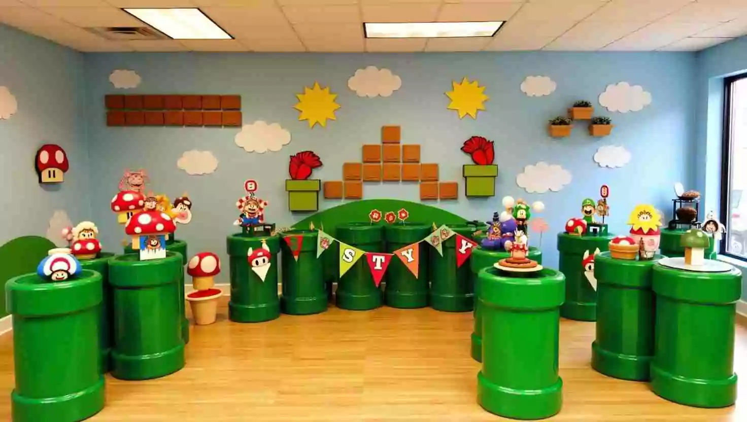 A Mario-themed birthday party setup featuring large green pipes, character figurines, and a backdrop designed like the Mario game world, with brick blocks, clouds, and fire flowers. The setup captures the playful essence of the Mario universe.