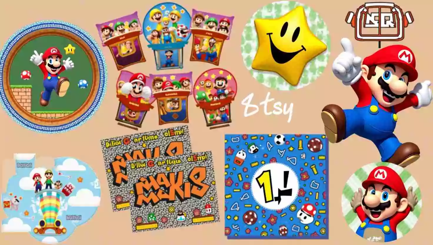 Mario-themed party favor designs including plates, banners, and decor featuring Mario characters, gold stars, and iconic Mario game symbols. Perfect for a playful and nostalgic party atmosphere.