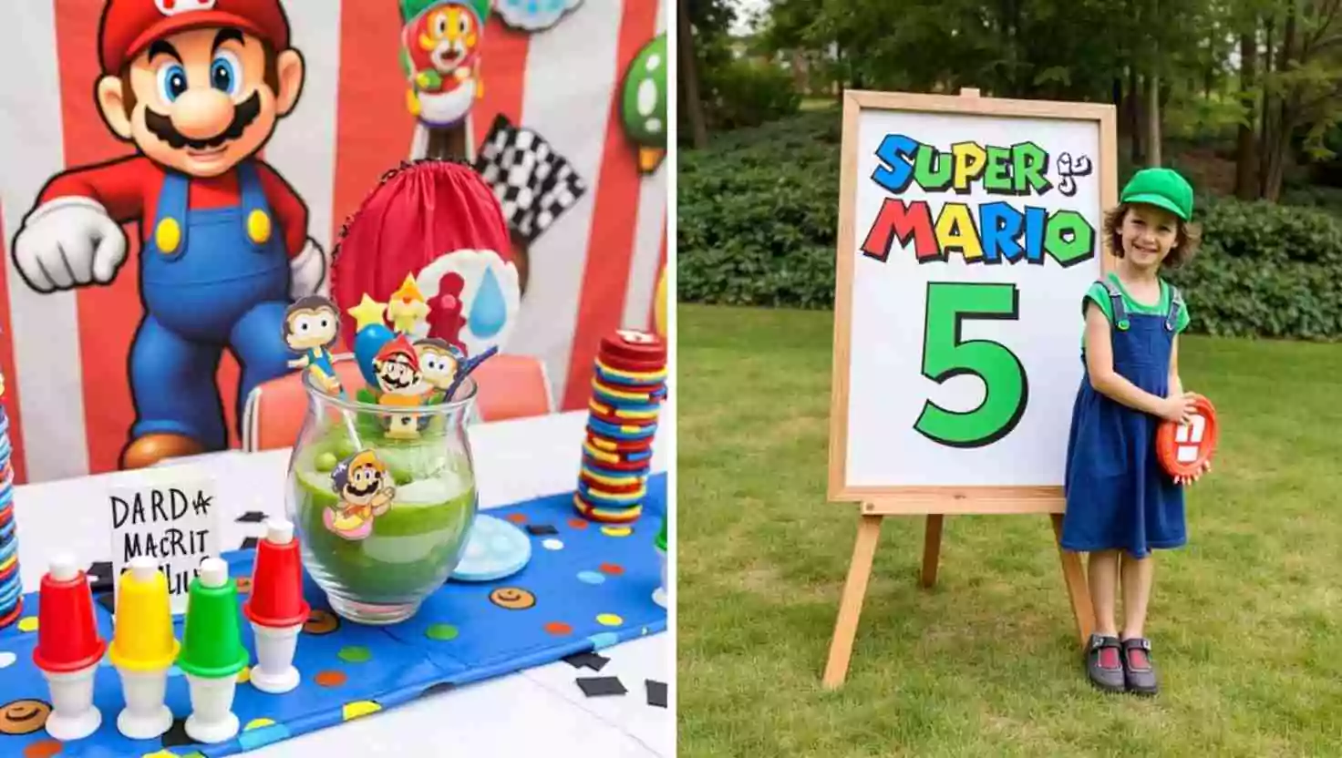 A Mario-themed birthday photo setup with a child dressed as Luigi posing next to a colorful "Super Mario 5" sign. The vibrant decor and Mario-inspired details make it a memorable scene.