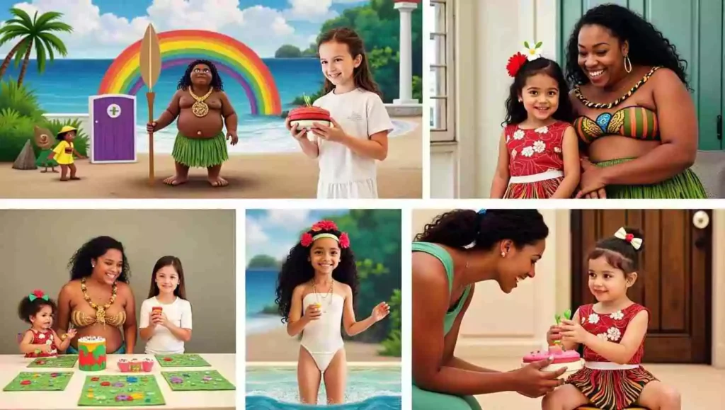 A collage of Moana-themed birthday party activities, featuring kids in beach outfits, themed desserts, and vibrant Hawaiian-inspired decorations. It captures the joyful and tropical atmosphere of the celebration.