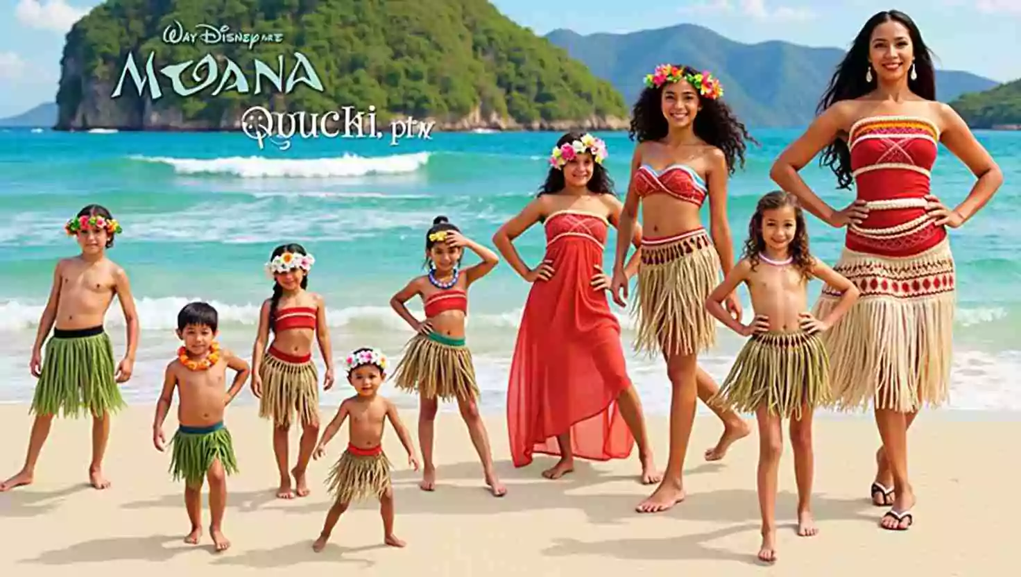 A group of kids and adults dressed in Moana-inspired costumes posing on the beach. The tropical backdrop and floral accessories create a festive and immersive Hawaiian vibe.