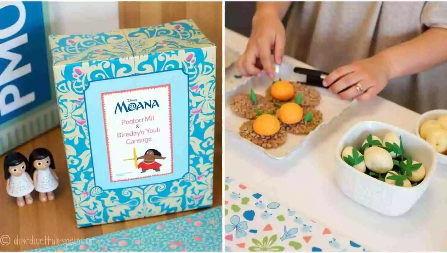 Moana-themed party favors and snacks, including decorated boxes and tropical treats styled to match the Hawaiian theme. A creative and detailed setup perfect for a memorable party.