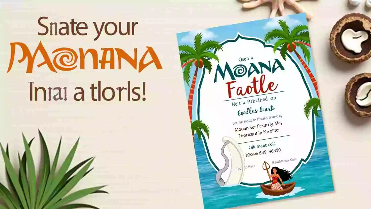 A Moana-themed birthday party invitation featuring tropical designs with palm trees, ocean waves, and Moana-inspired graphics. The vibrant text and colorful layout set a playful tone for the event.