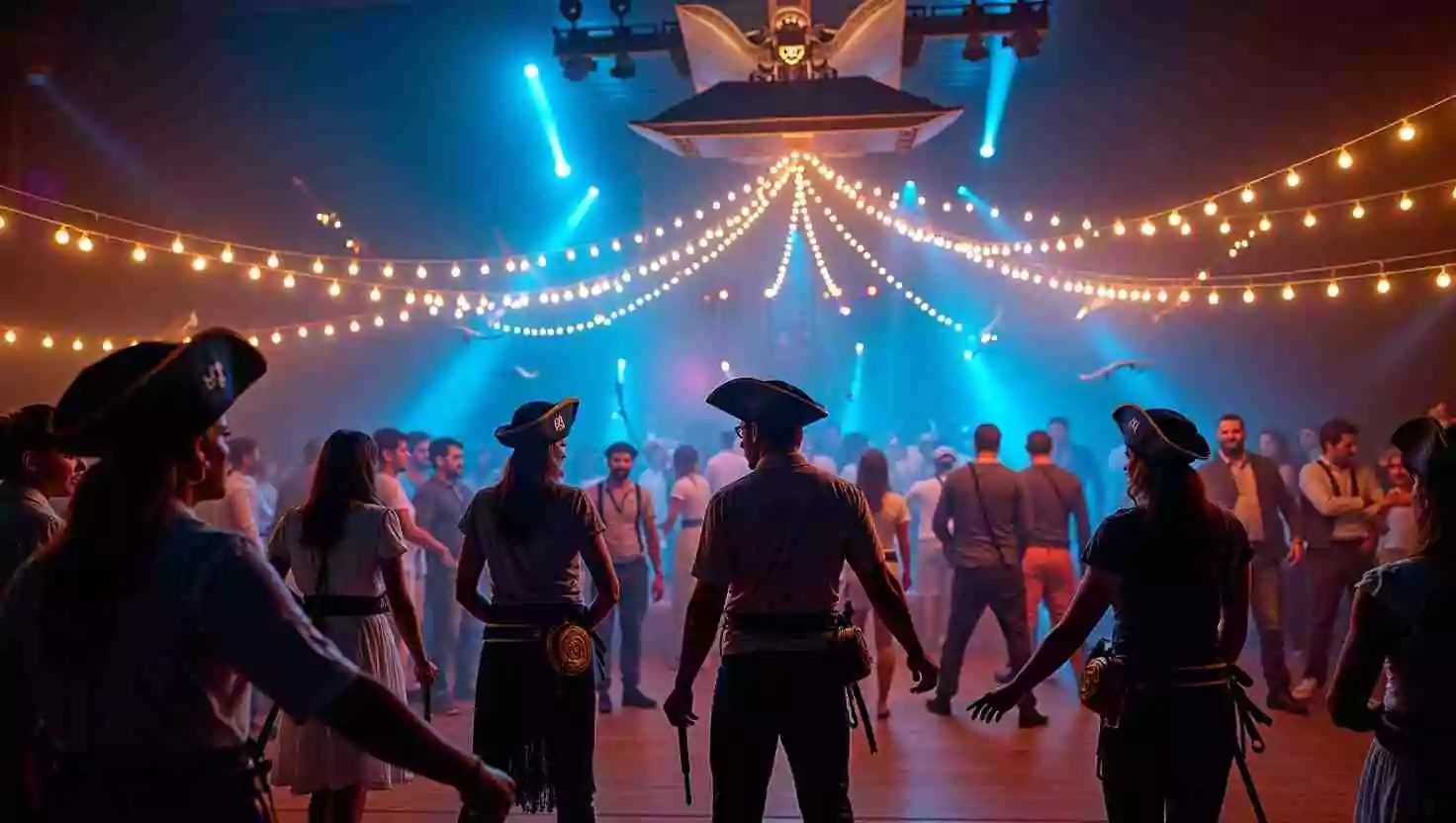 A pirate-themed dance party with guests in pirate costumes under string lights and dramatic blue lighting. The setting creates a festive and adventurous atmosphere.