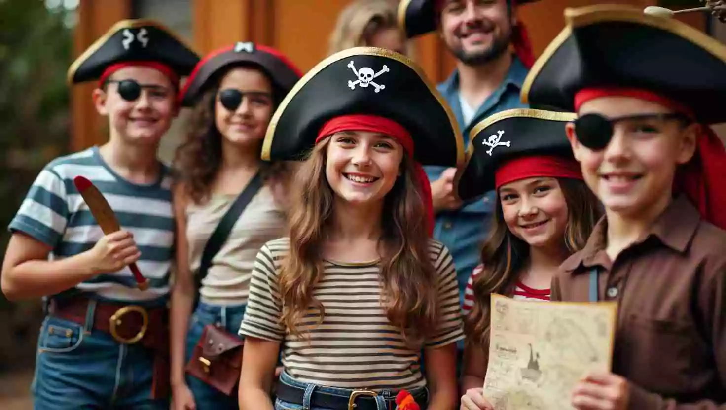 A group of children dressed in pirate costumes with hats, eye patches, and accessories, smiling and holding a treasure map. A fun and adventurous moment captured at a pirate-themed party.