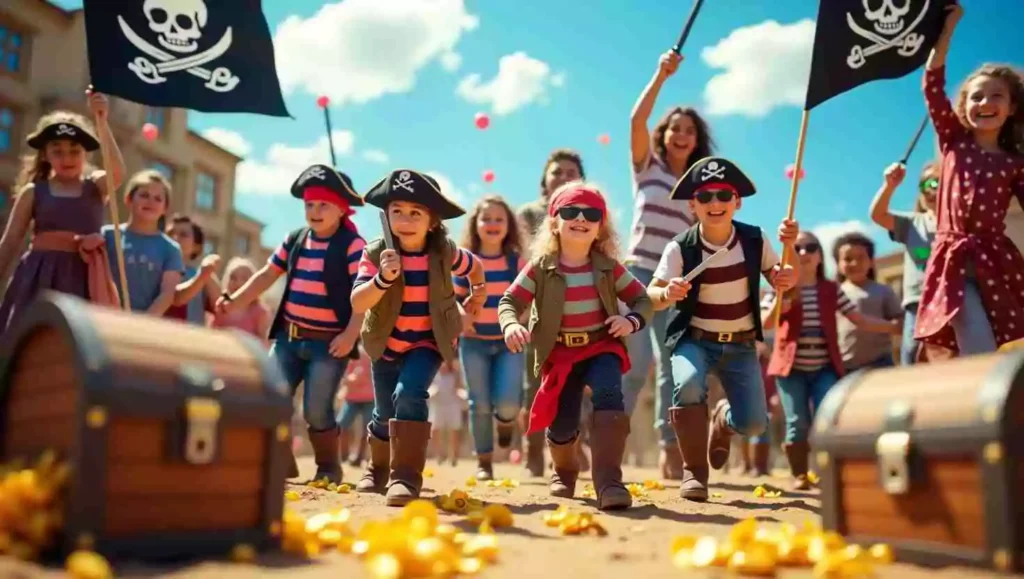 Kids dressed as pirates running toward a treasure chest during a treasure hunt activity at a pirate-themed party. The scene is lively with pirate flags and golden coins scattered on the ground.