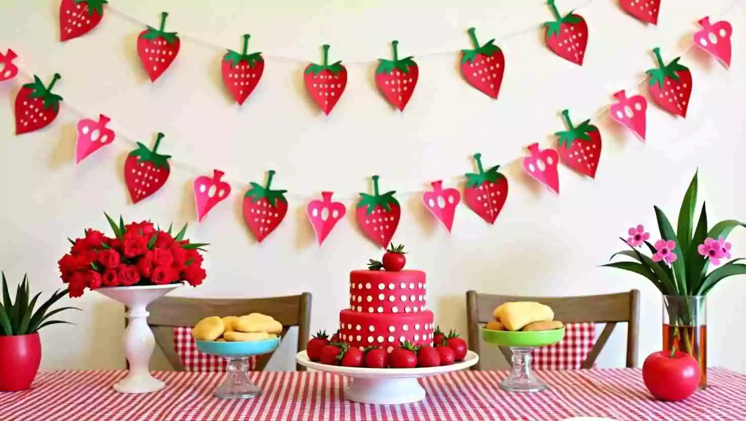 A strawberry-themed dessert table decorated with a red and white strawberry cake, garlands, and matching plates of treats. The cheerful setup is perfect for a fun and colorful celebration.