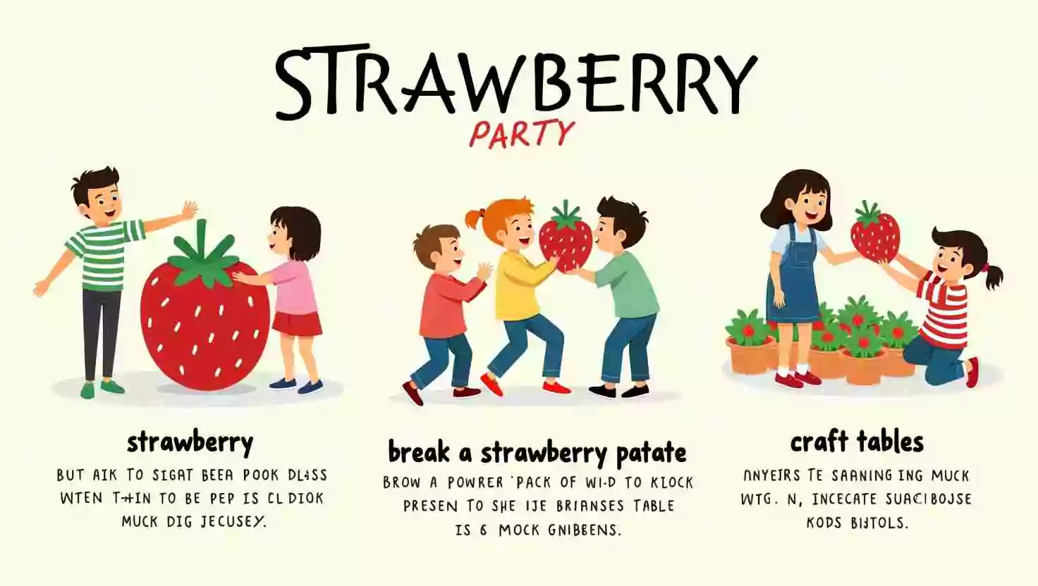 An illustration of strawberry-themed party activities, including games, crafts, and fun ideas for kids. The poster is playful and engaging with bright colors and strawberry designs.