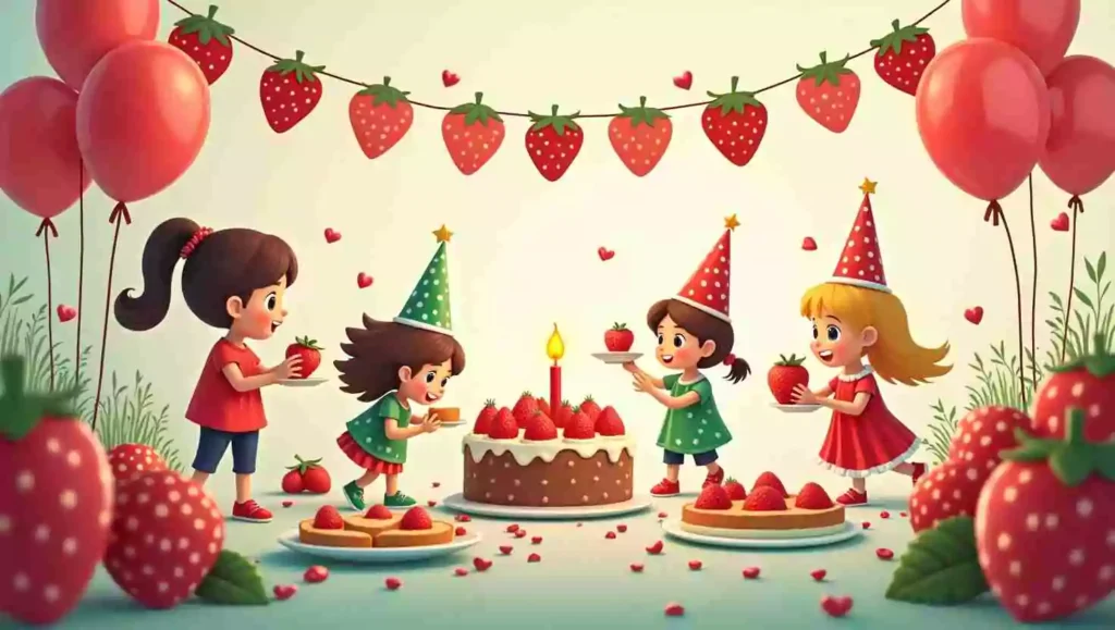 A strawberry-themed birthday party with kids wearing party hats, enjoying a strawberry cake surrounded by balloons and strawberry garlands. The decorations are vibrant and full of fun.