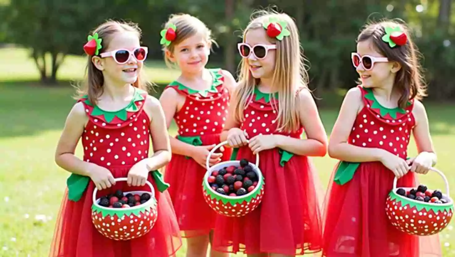 Kids dressed in strawberry-themed costumes with matching dresses and hair accessories, holding strawberry baskets. The outdoor setting adds a playful and cheerful vibe to the party.